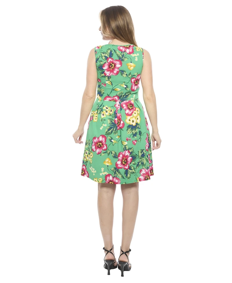 24seven Comfort Apparel Women's Floral Sleeveless Pleated Pocket Skater Dress