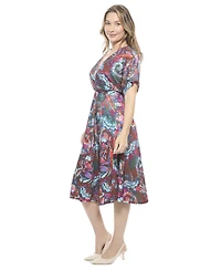 24seven Comfort Apparel Women's Abstract V-Neck Short Dolman Sleeve Twist Front A-Line Midi Dress
