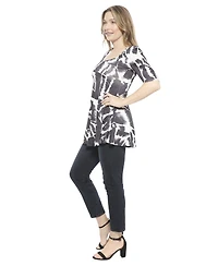24seven Comfort Apparel Women's Abstract Scoop Neck Elbow Sleeve Tunic Top