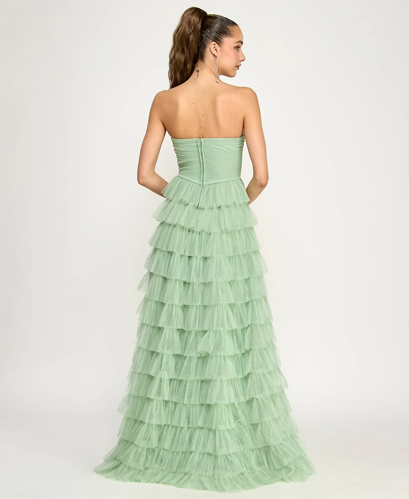 B Darlin Juniors' Strapless Ruffle Mesh Gown