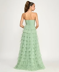 B Darlin Juniors' Strapless Ruffle Mesh Gown