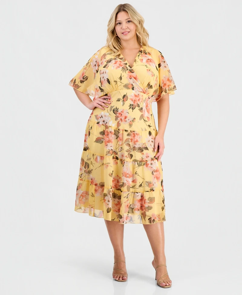 Connected Plus Floral Chiffon Butterfly-Sleeve Dress