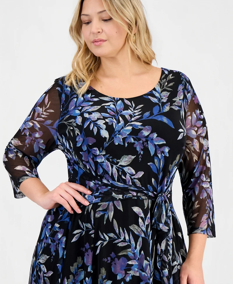 Connected Plus Printed Chiffon Tie-Waist Dress