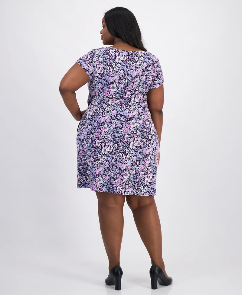 Connected Plus Size Printed Pintuck Short-Sleeve Dress