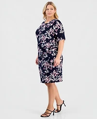 Connected Plus Printed Elbow-Sleeve Faux-Wrap Dress