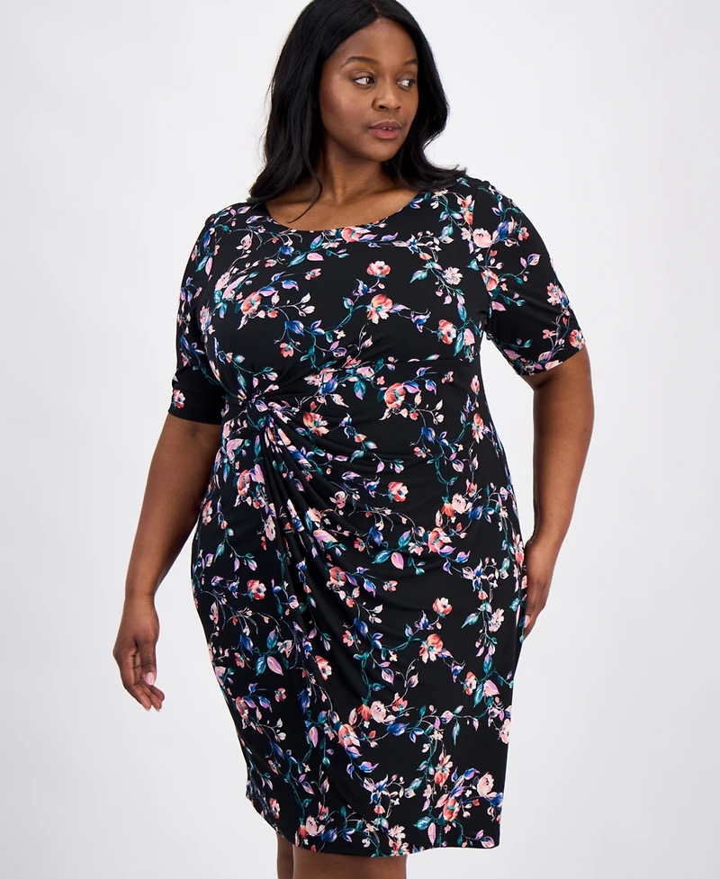 Connected Plus Floral-Print Faux-Wrap Dress