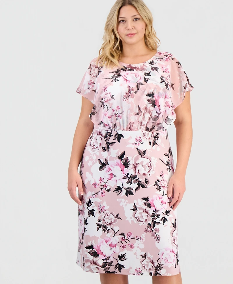 Connected Plus Floral-Print Overlay A-Line Dress
