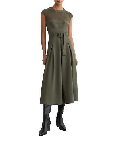 Reiss Women's Mesh-Panel Belted Pleated Midi Dress