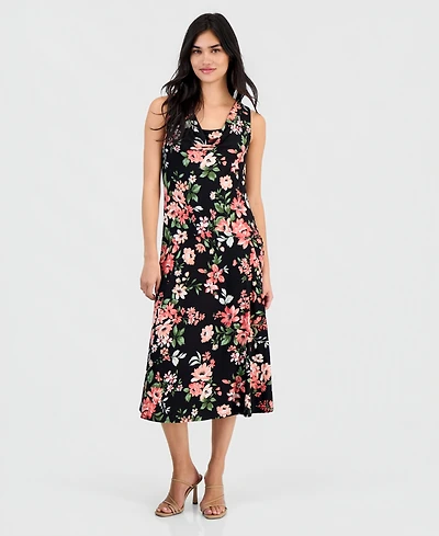 Robbie Bee Petite Floral-Print Draped-Neck Midi Dress