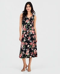 Robbie Bee Petite Floral-Print Draped-Neck Midi Dress