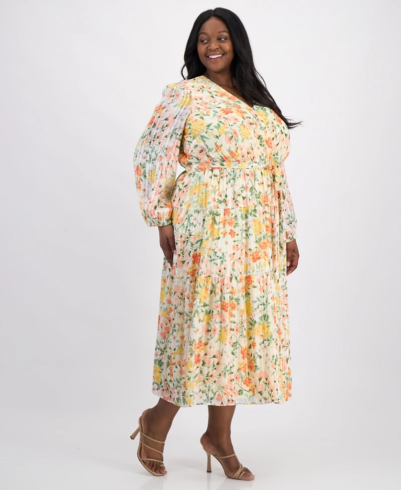 Robbie Bee Plus Floral Chiffon Faux-Wrap Balloon-Sleeve Dress