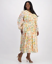 Robbie Bee Plus Floral Chiffon Faux-Wrap Balloon-Sleeve Dress