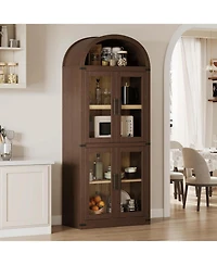 gaomon 71.6" Arched Display Cabinet, 5-Tier Arched Bookcase with Glass Doors, Bookshelf, Kitchen Pantry, Modern Fluted Wooden Storage
