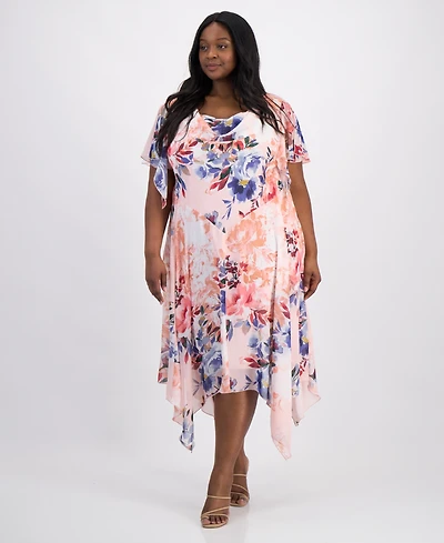 Robbie Bee Plus Flutter-Sleeve Handkerchief-Hem Midi Dress