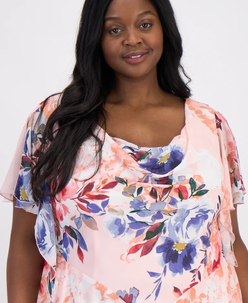 Robbie Bee Plus Flutter-Sleeve Handkerchief-Hem Midi Dress