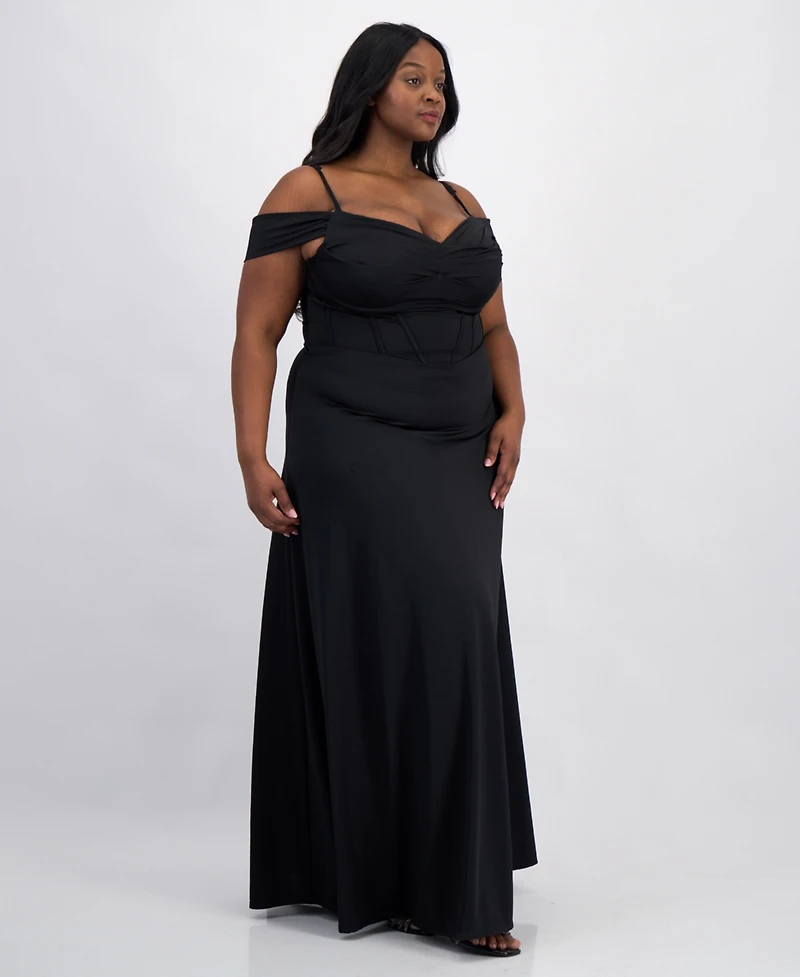 City Studios Trendy Plus Satin Off-The-Shoulder Gown