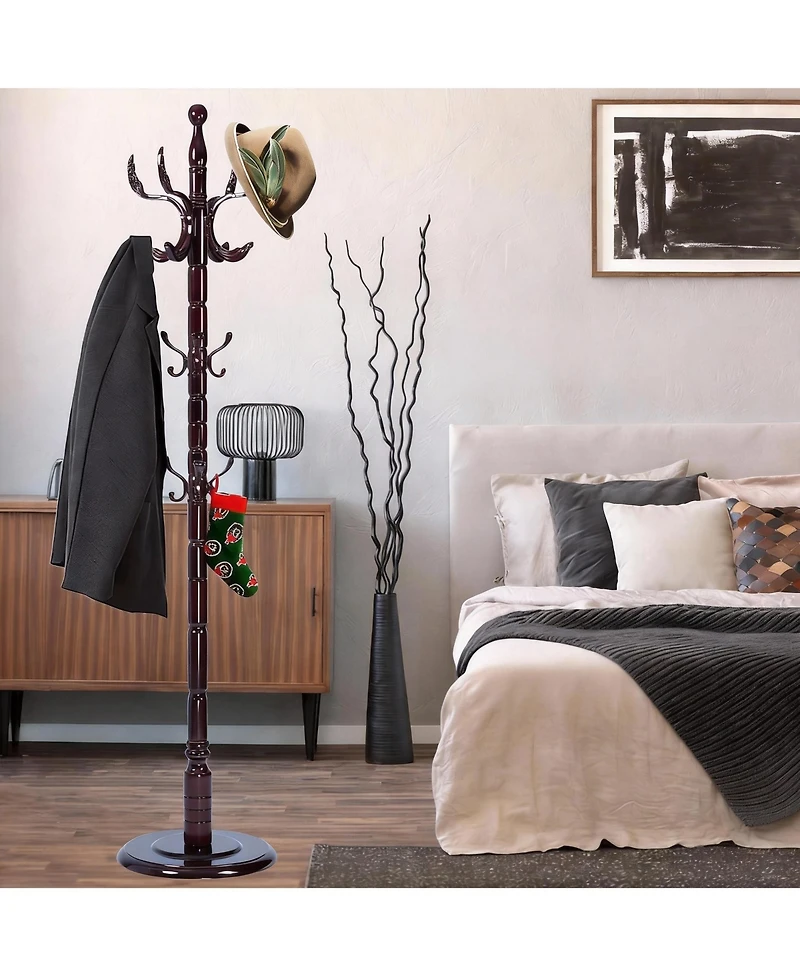 Yigii Wooden Coat Rack with Tree Design, 14 Hooks, Sturdy Base, Vintage Style