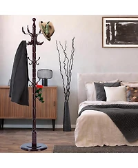 Yigii Wooden Coat Rack with Tree Design, 14 Hooks, Sturdy Base, Vintage Style