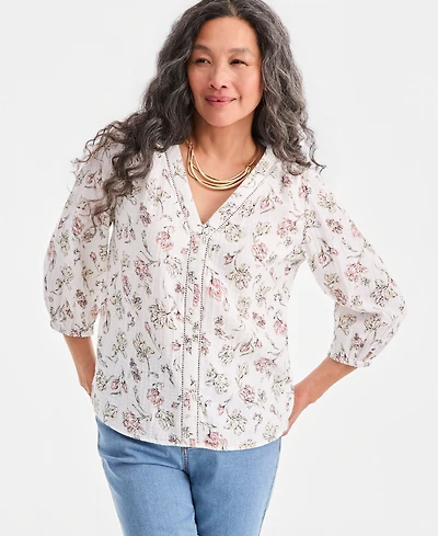 Style & Co Women's Cotton Gauze Printed V-neck Blouse