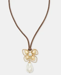 Anne Klein Imitation Pearl Flower Suede Cord Pendant Necklace, 16" + 3" extender