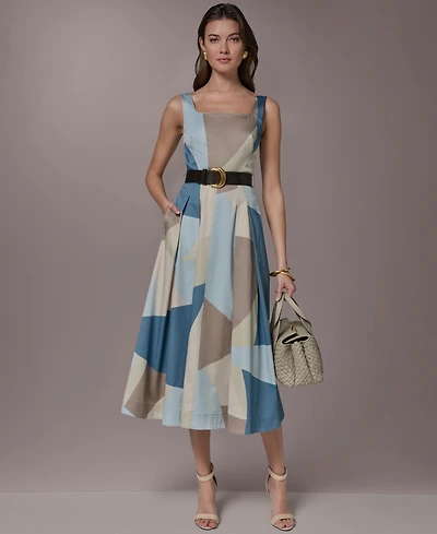 Donna Karan New York Women's Square Neck Geometric A-Line Maxi Dress