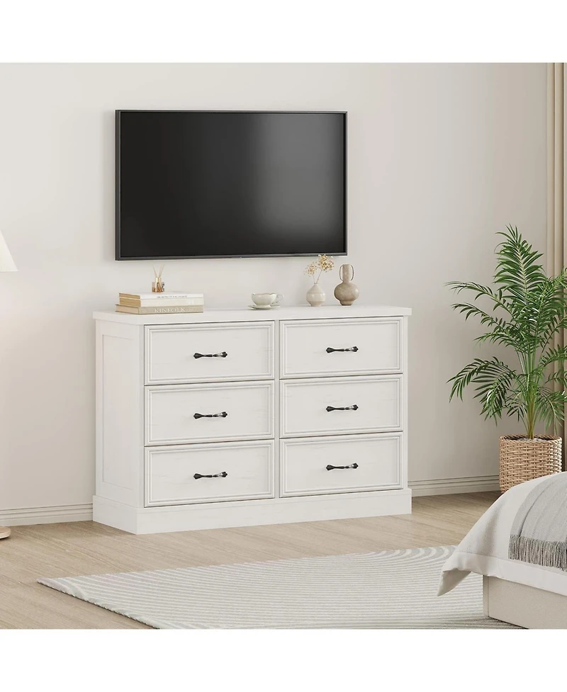 gaomon 6-Drawer Horizontal Dresser, American Style Antique White Mdf Chest of Drawers