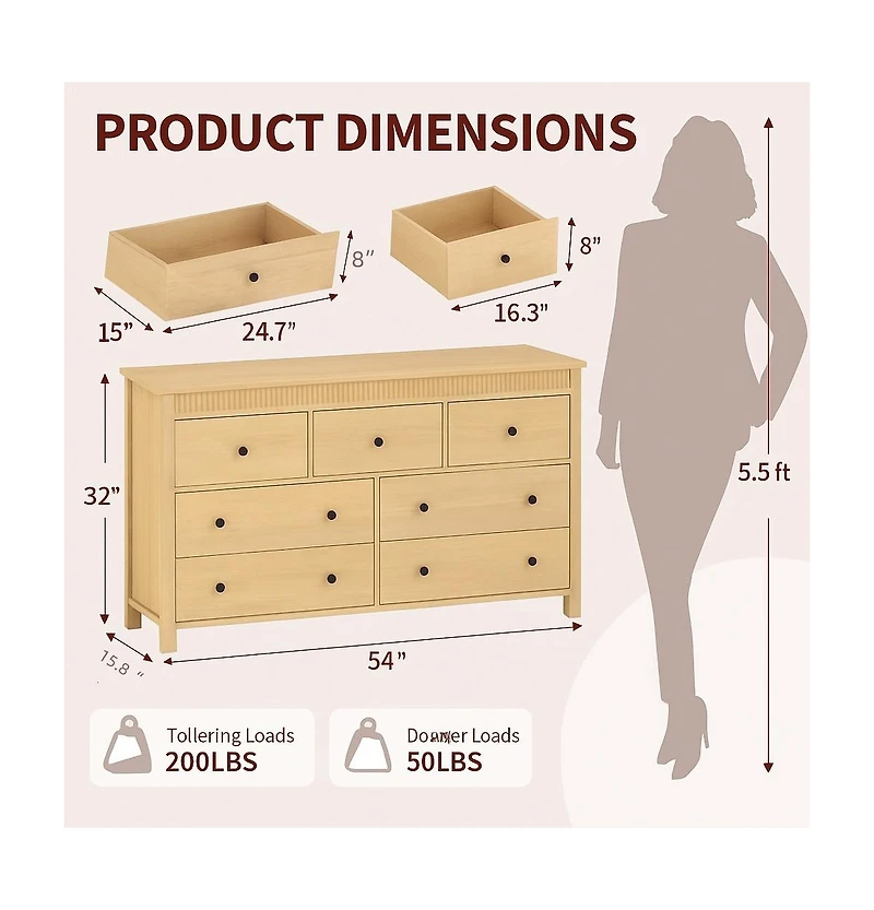 gaomon 7 Drawer Dresser for Bedroom, Wooden Chest of Drawers, Fluted Tv Stand Storage Organizer for Living Room, Hallway and Entryway