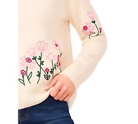 CeCe Women's Floral Embroidery Detail Crewneck Sweater