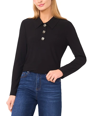 CeCe Women's Collared Neck Half Placket Top