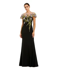 Mac Duggal Petite Jersey Floral Embroidered Illusion Neck Gown