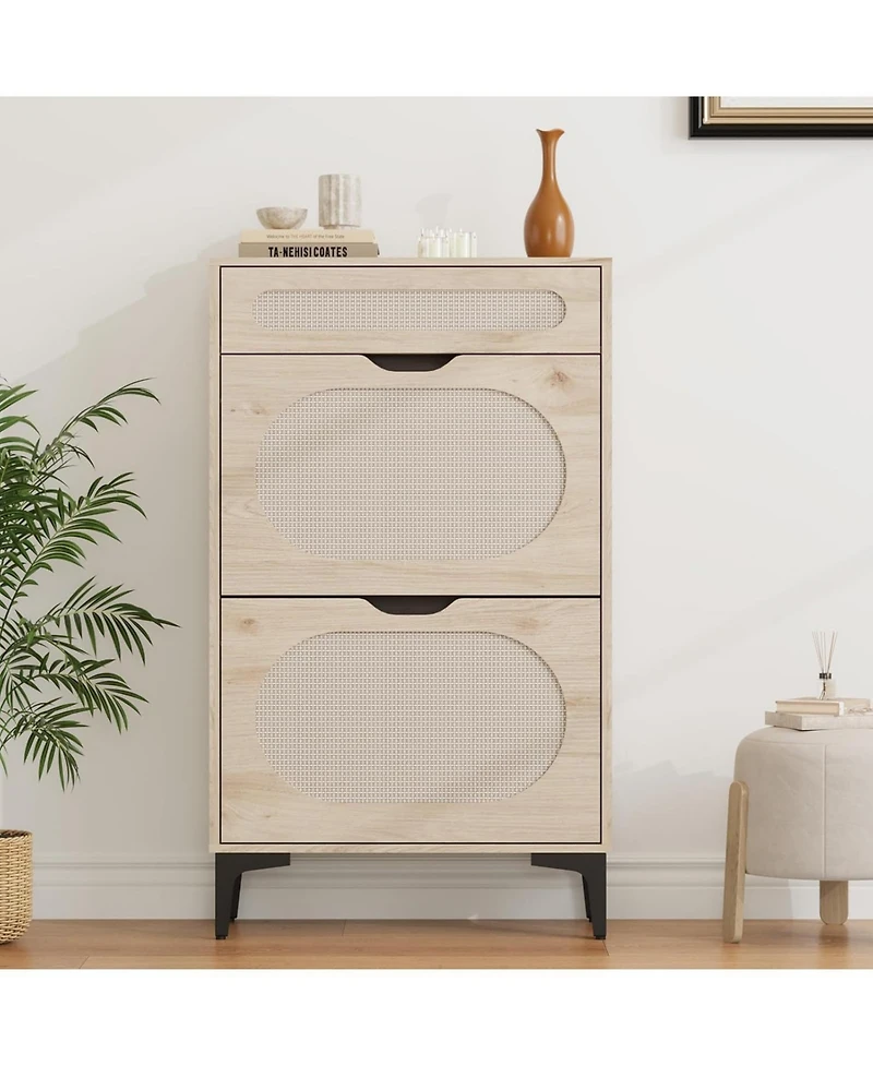 gaomon Rattan Shoe Cabinet with 2 Flip Drawers & 1 Pull-Out Drawer – Free-Standing Shoe Storage Cabinet with 3-Position Adjustable Shelf