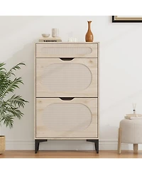 gaomon Rattan Shoe Cabinet with 2 Flip Drawers & 1 Pull-Out Drawer – Free-Standing Shoe Storage Cabinet with 3-Position Adjustable Shelf