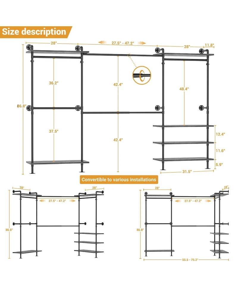 Aheaplus Clothing Rack,Garment Rack With 3 Wood Shelves, Organizer Rack Wall Mounted