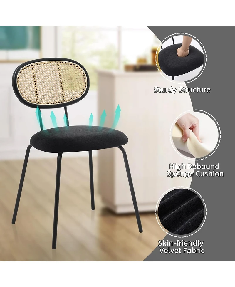 gaomon Mid Century Rattan Dining Chairs Set, Modern Velvet Upholstered Kitchen Chairs with Sturdy Metal Legs