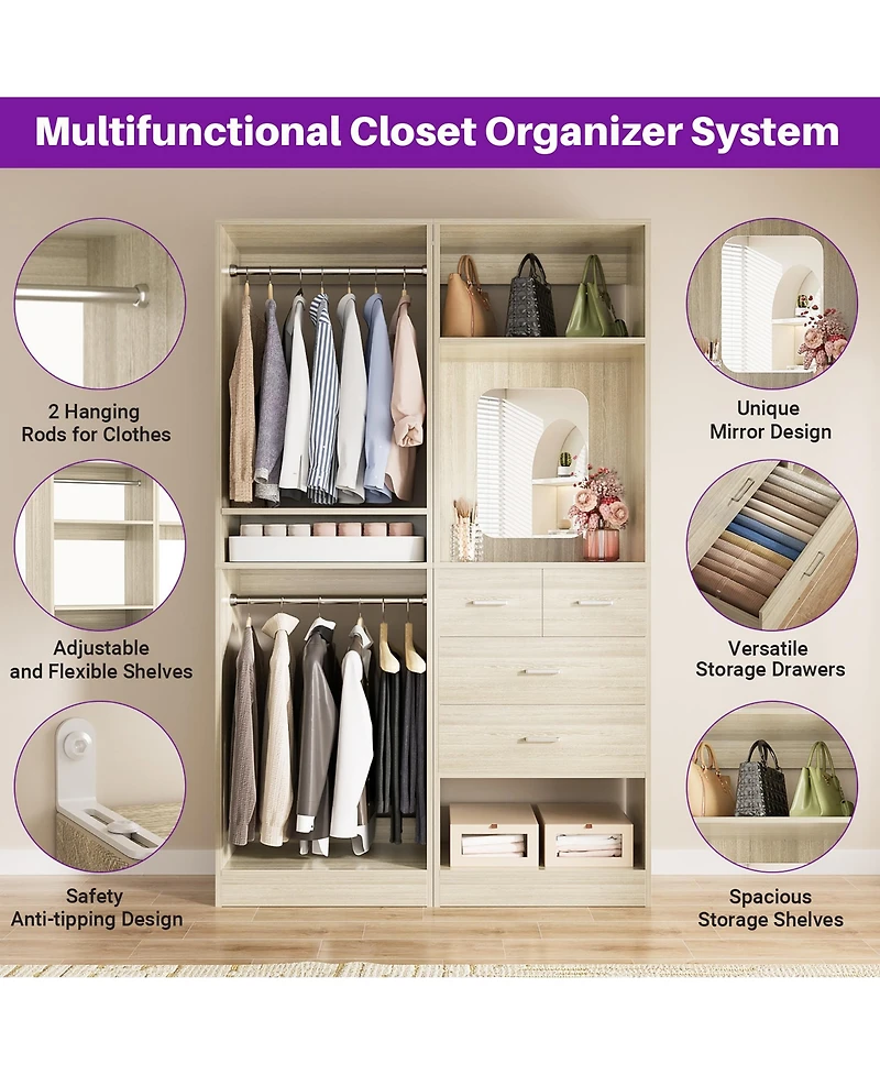 Aheaplus Set of 2 Free-standing Closet System with Drawers and Hanging Rods for Reach-in/ Walk-in Closet