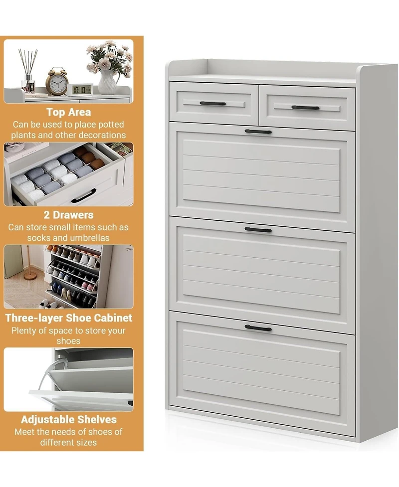 gaomon Shoe Cabinet with 3 Flip Drawers & 2 Drawers, Freestanding Narrow Shoe Organizer, White