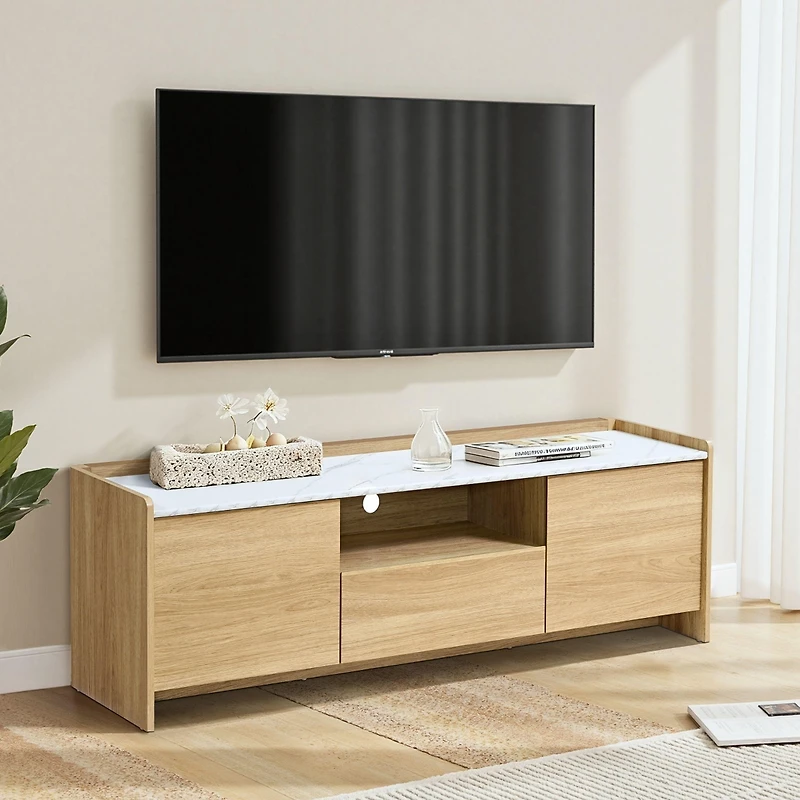 LuxenHome Hazel Oak 62.4” Wide Tv Media Console with 2 Doors & Open Storage, Faux Marble Top, Manufactured Wood