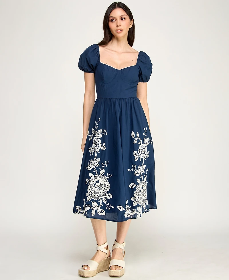 Row A Women's Embroidered Sweetheart Neck Midi Dress