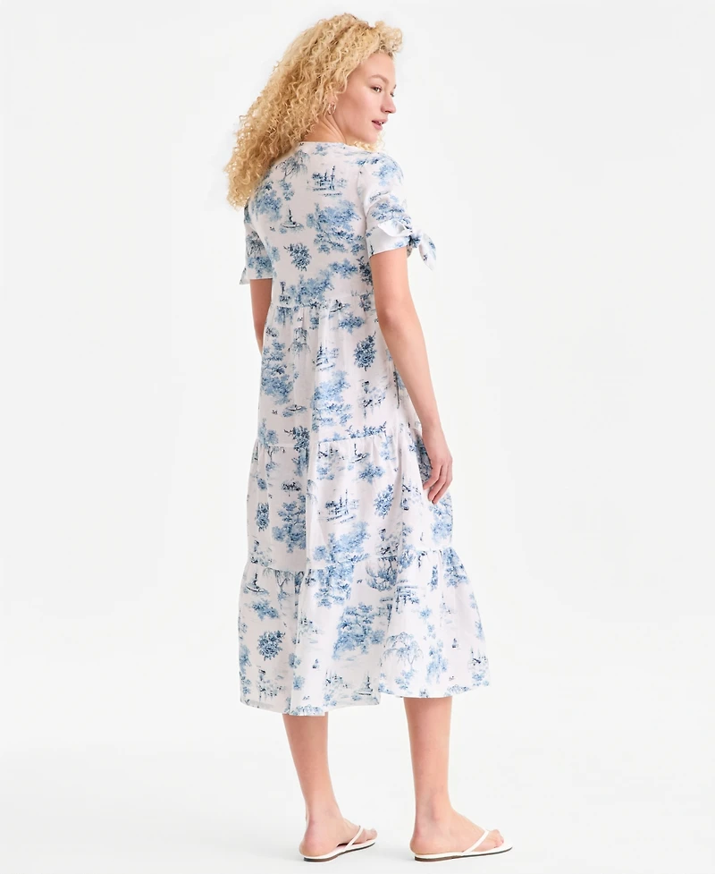 Charter Club Women's 100% Linen Printed Tiered Fit & Flare Dress, Macy's Exclusive