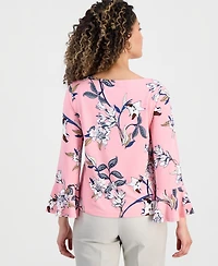 Jm Collection Petite Floral Flare-Sleeve Boat-Neck Top, Created for Macy's