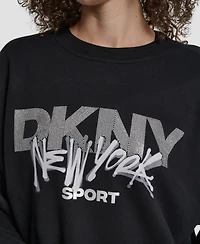 Dkny Women's Graffiti Rhinestone Logo Blouson-Sleeve Drop-Shoulder Sweatshirt