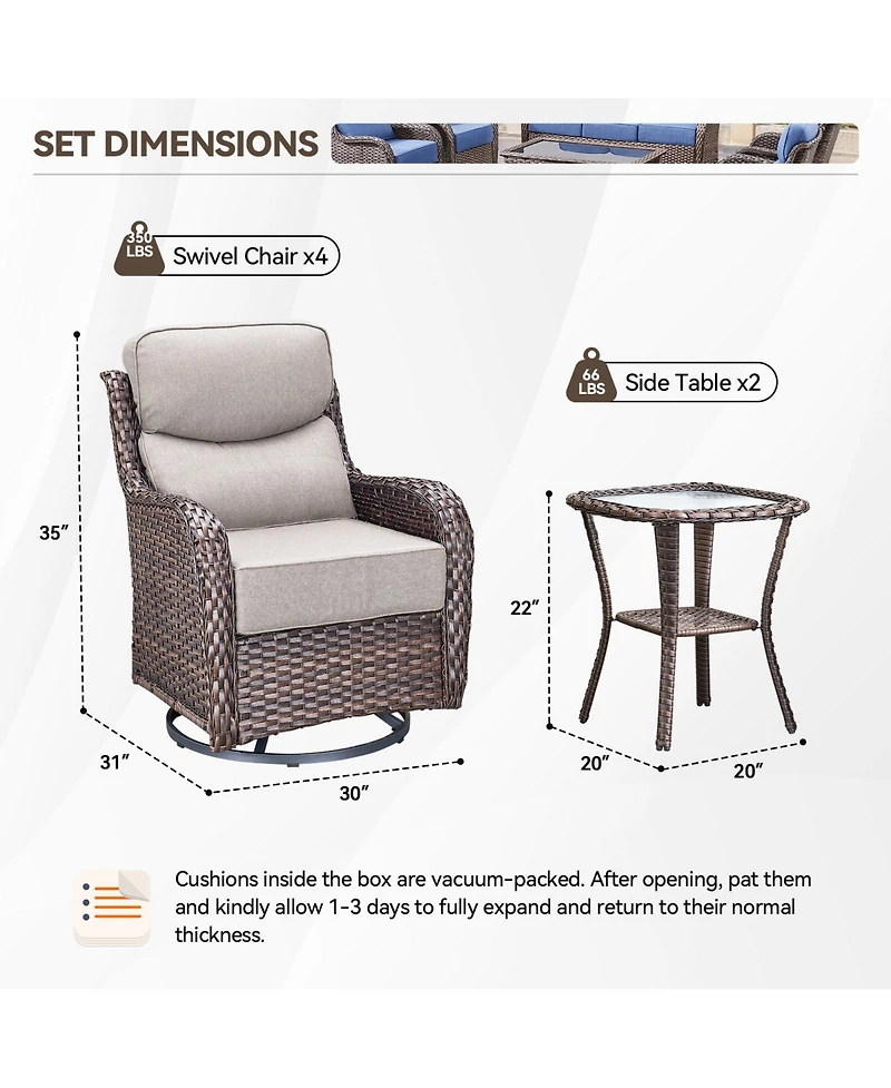 Gymojoy Crescent Swivel Glider All-Weather Pe Wicker Patio Lounge Chair with Olefin 6 In. Thick Cushions/End Table (6-Piece
