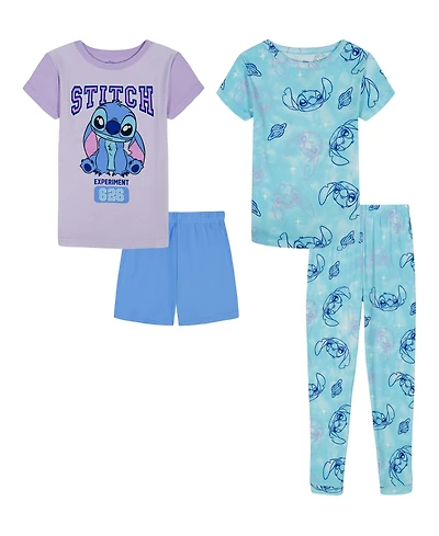 Lilo Stitch Girls' 4-10 All Over Print Tops, Shorts, and Pants, 4-Piece Pajama Set
