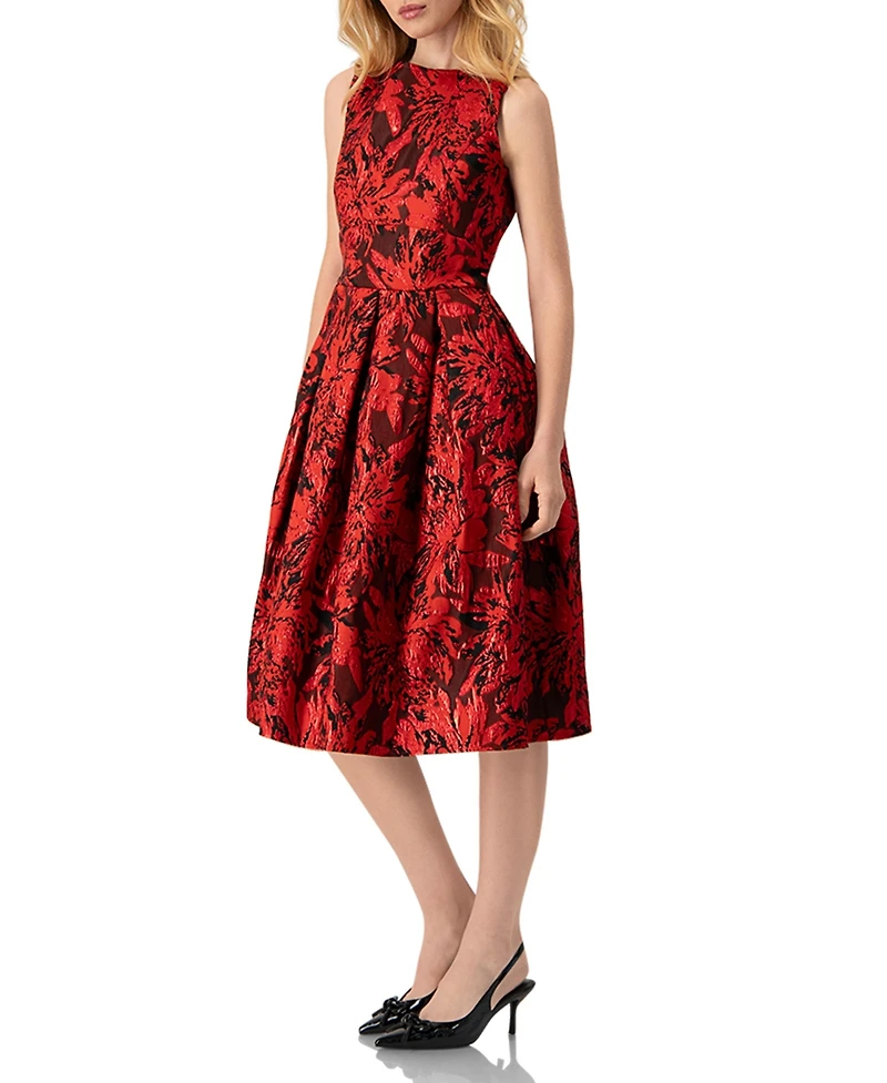 Ivonne Women's Sleeveless Red and Black Jacquard Midi Dress