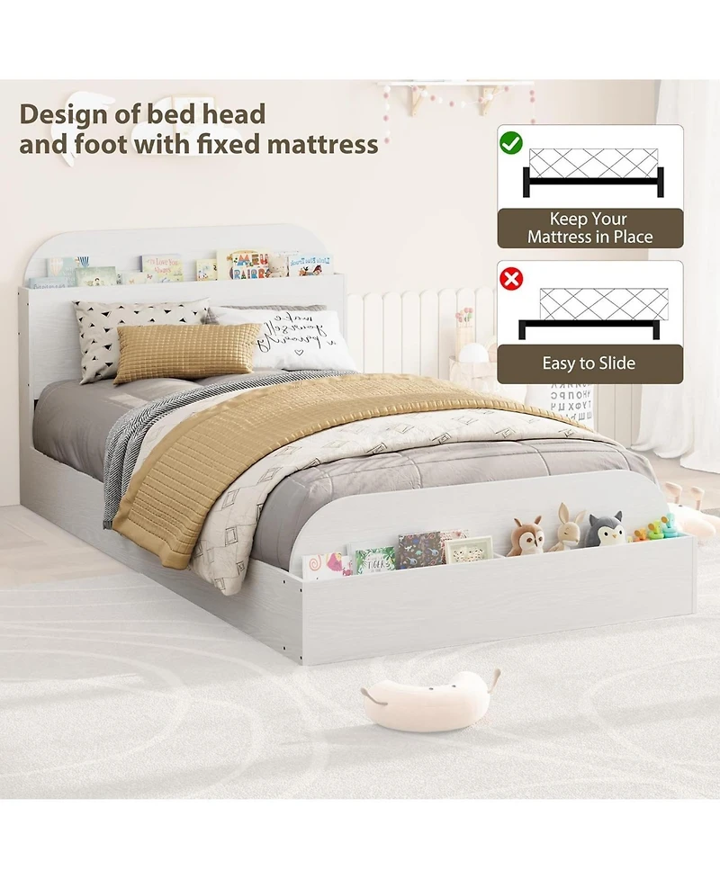 gaomon Twin Bed Frame, Wooden Beds with Storage Headboard and Raised-Foodboard, Twin-Floor Low Platform for Bedroom, Sturdy