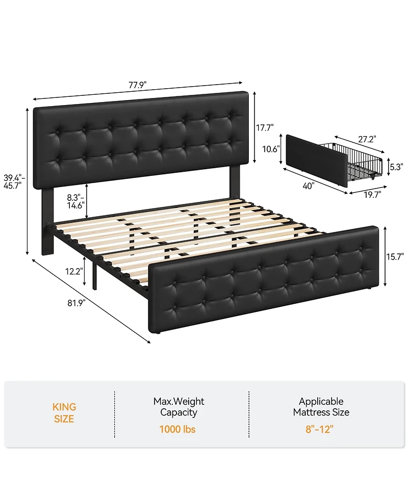 gaomon Bed Frame with Headboard and 4 Storage Drawers, Square Stitched Button Tufted Platform