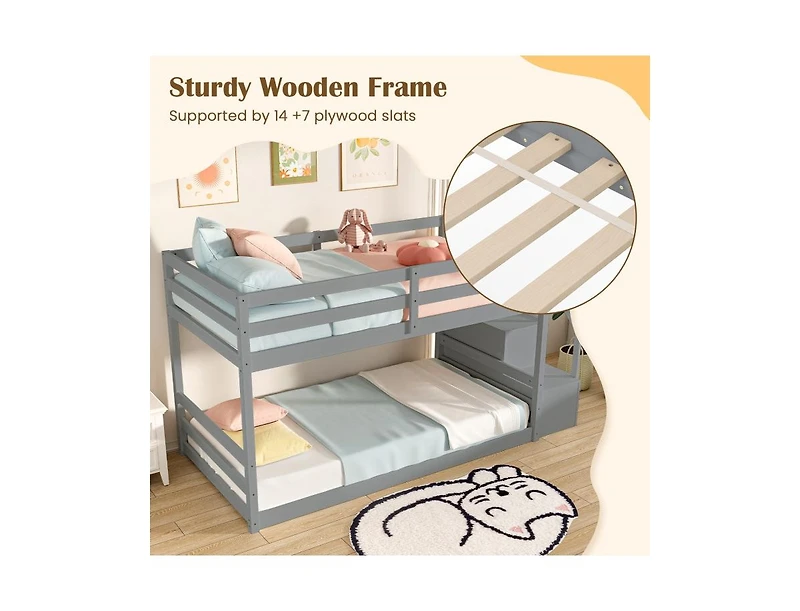 Slickblue Twin Over Bunk Bed with Storage Stairs, Solid Wood Frame