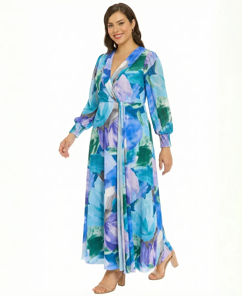 London Times Plus Long-Sleeve V-Neck Maxi Dress