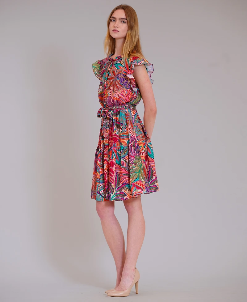 julia jordan Women's Ruffle Sleeve Printed Keyhole Neck Mini Dress