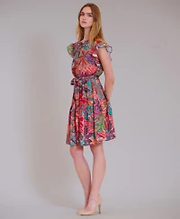 julia jordan Women's Ruffle Sleeve Printed Keyhole Neck Mini Dress